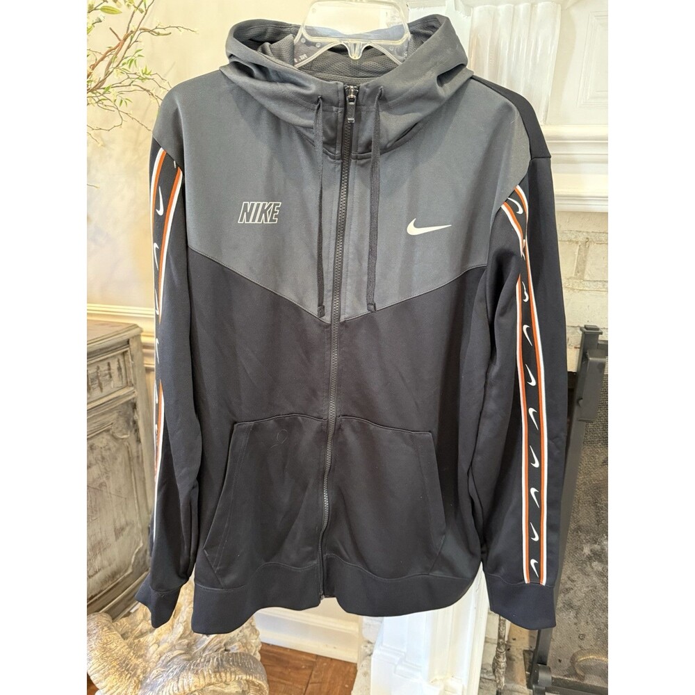 Nike Black & Gray Sportswear REPEAT LOGO Full Zip Hooded Jacket Size XL EUC